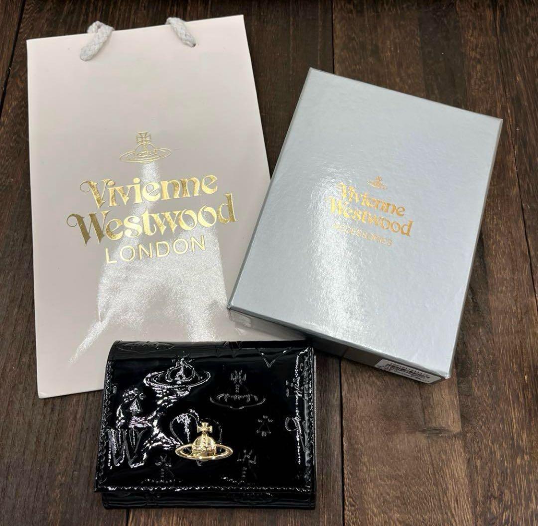 新品未使用　ヴィヴィアンウエストウッド 三つ折財布　黒　エナメル　がま口　⑤
