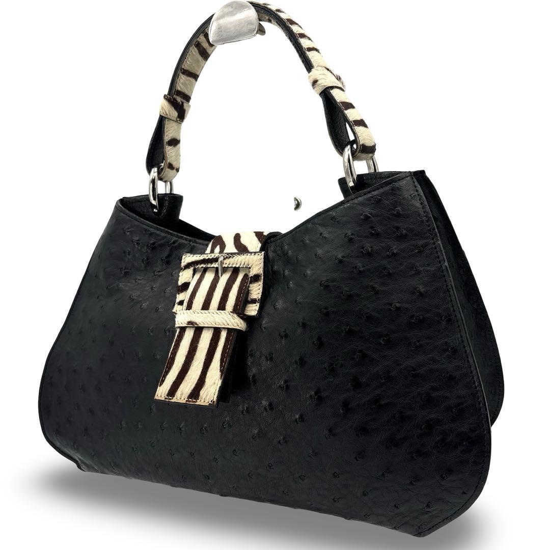 【極美品】JRA認定　ハラコ　オーストリッチ　ハンドバッグ　レザー　革　黒