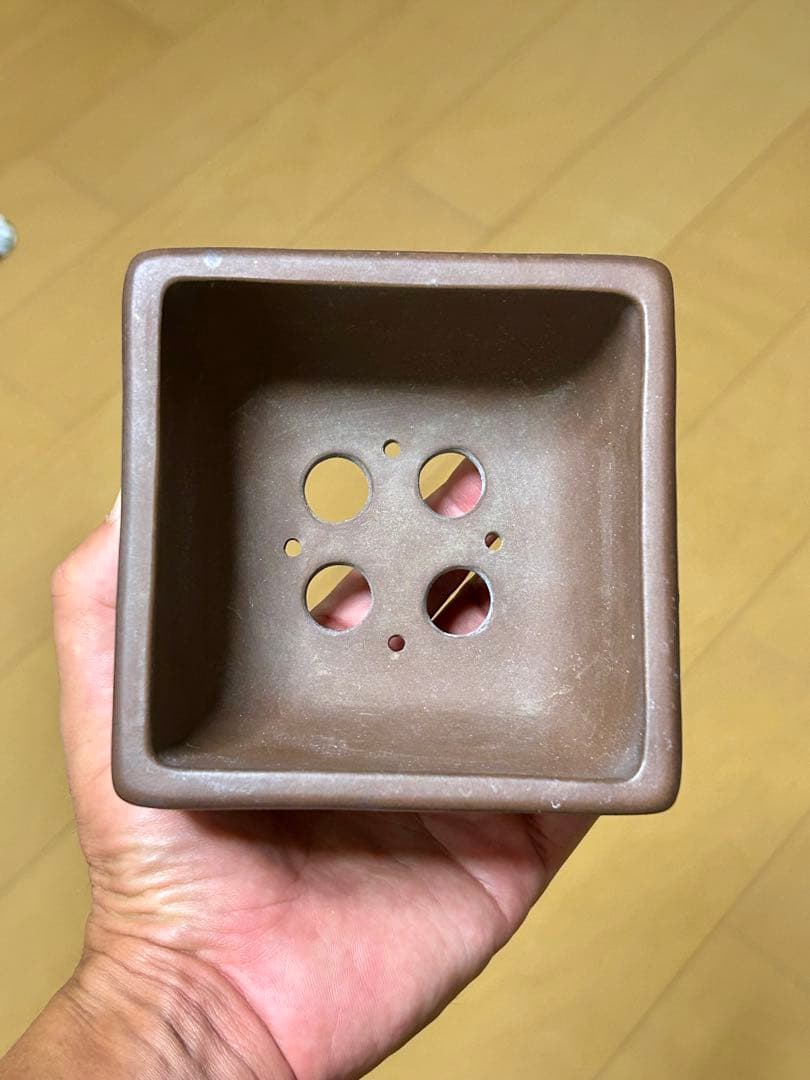 【盆栽鉢】 中国鉢 落款印あり 紫砂 胴紐正方鉢