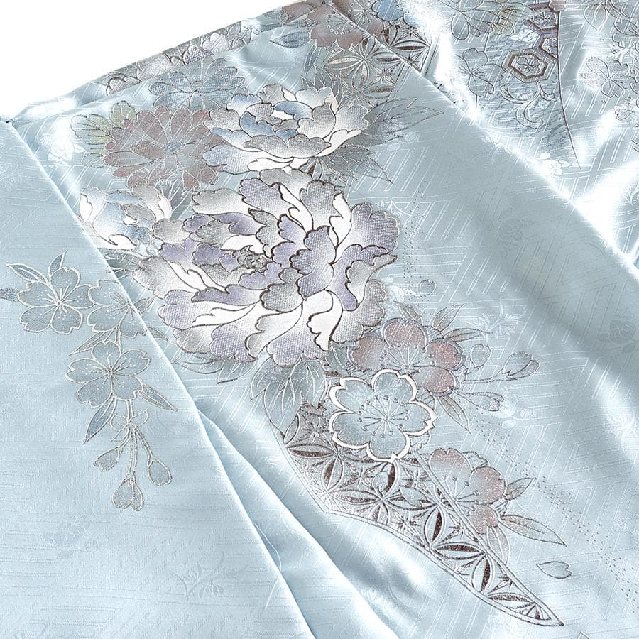 専用　ご予約　振袖　未仕立て　仮絵羽　アイスブルー　牡丹　桜　熨斗目　銀彩加工