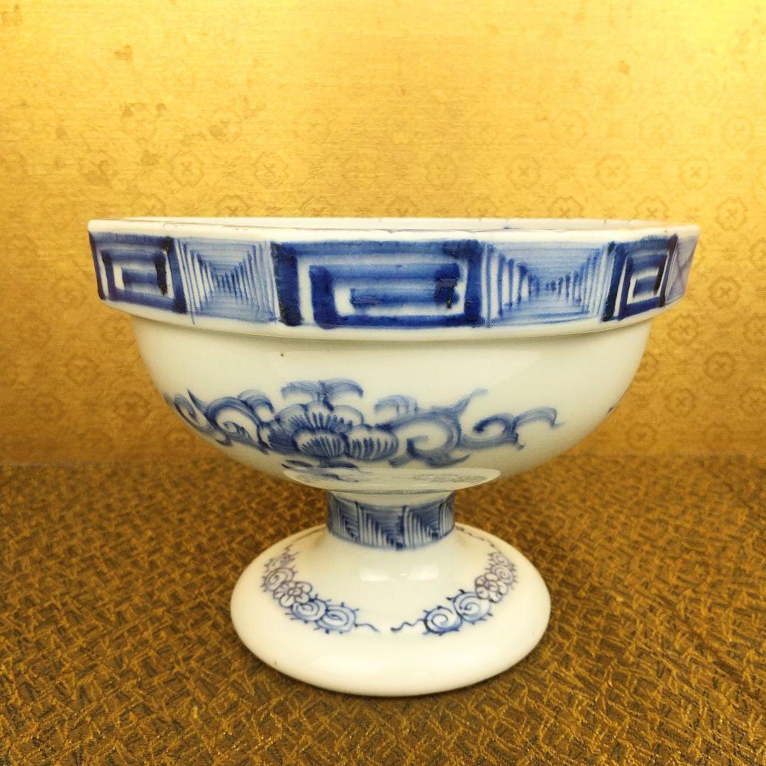 【お値下げしました！】古伊万里　染付　線描　青海波　花蝶文　八角盃洗