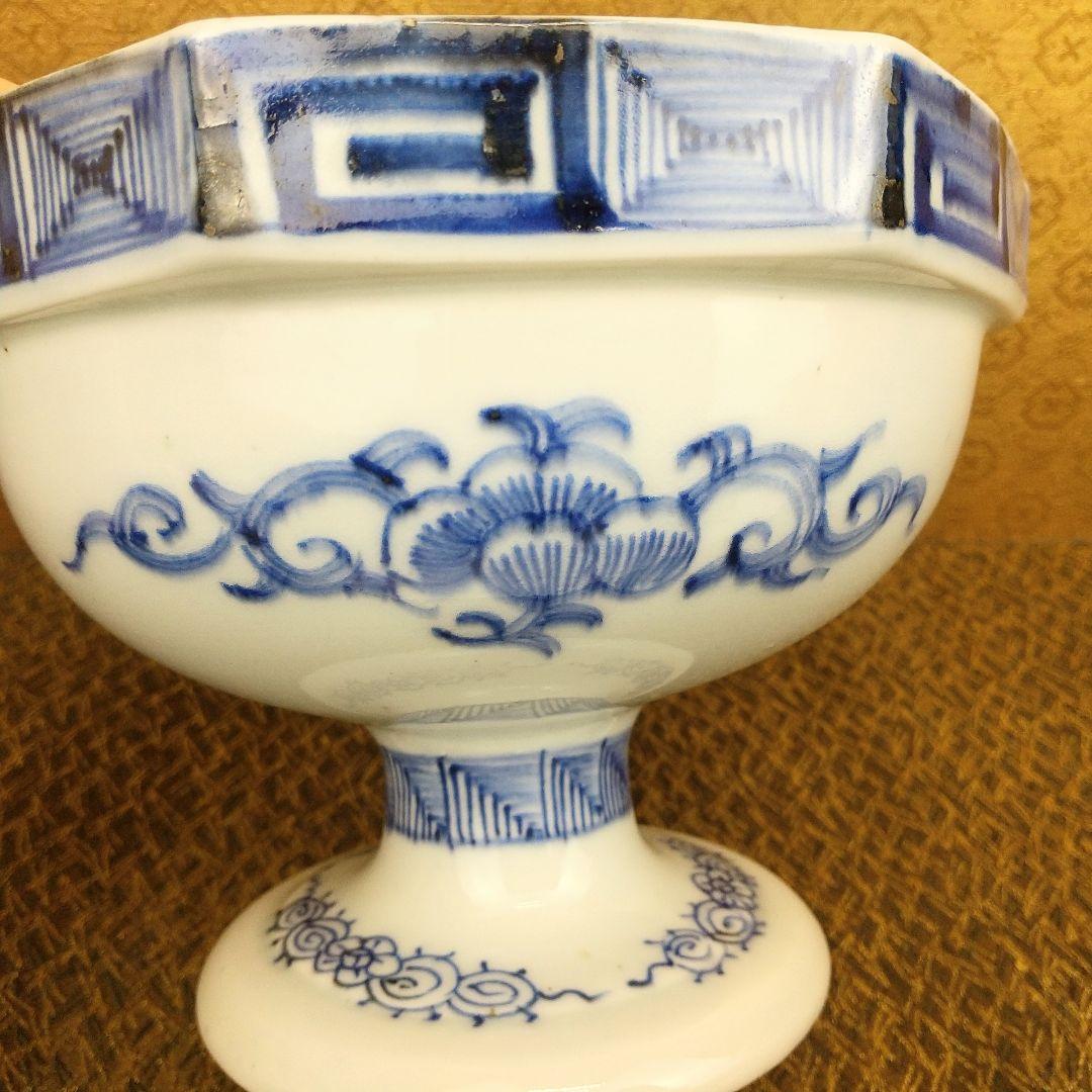 【お値下げしました！】古伊万里　染付　線描　青海波　花蝶文　八角盃洗