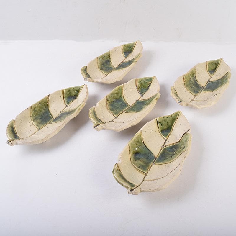 北大路魯山人作　織部焼　木之葉皿　五客　共箱　U　R8974