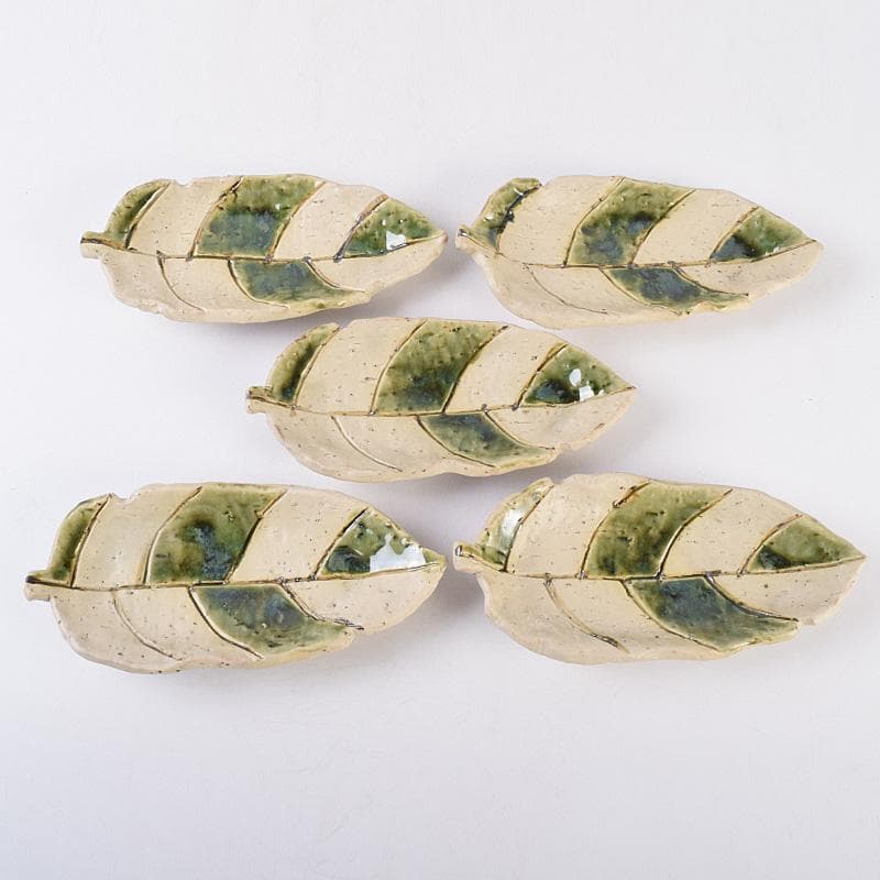 北大路魯山人作　織部焼　木之葉皿　五客　共箱　U　R8974