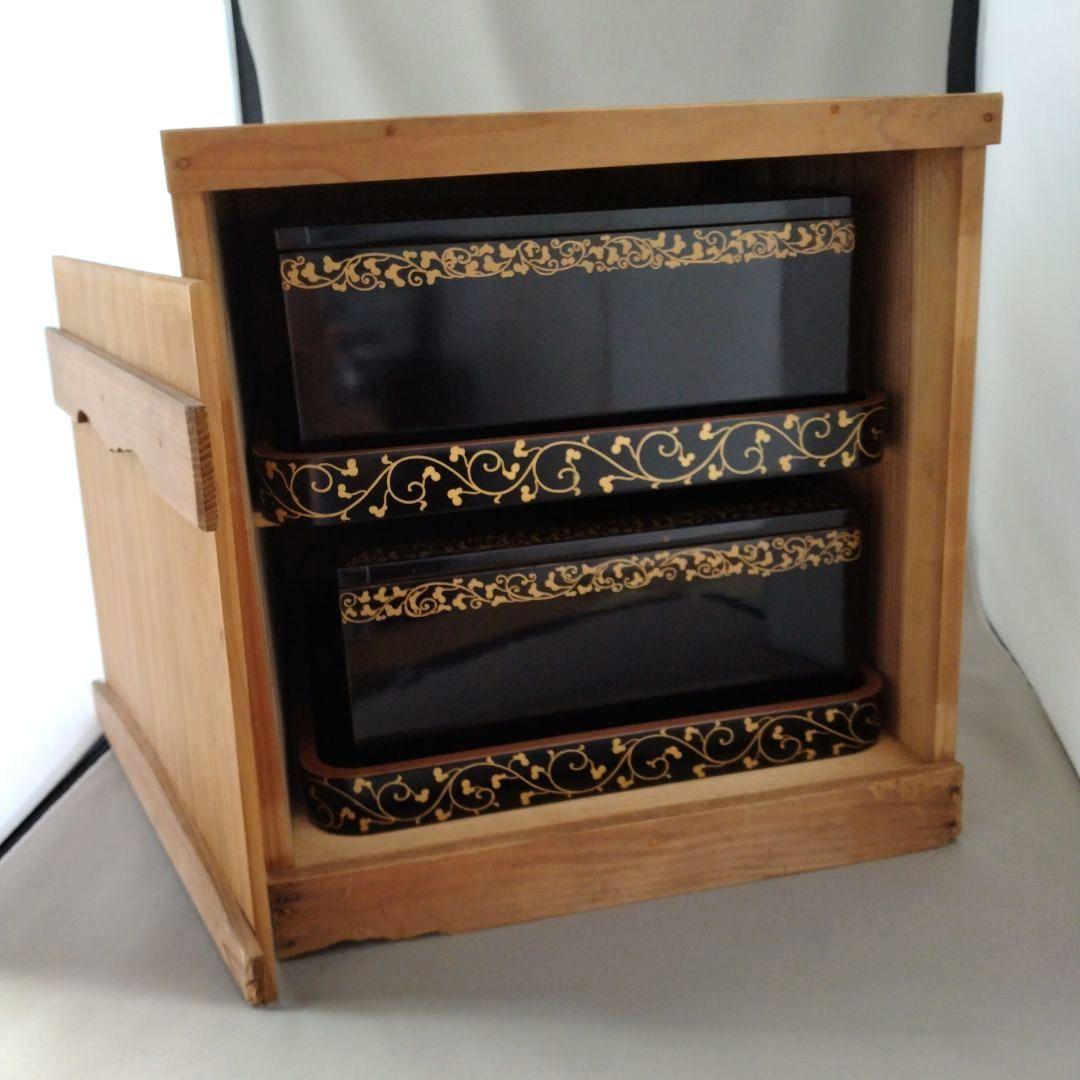 難あり　時代物　輪島塗　金蒔絵　重箱　二段重　家紋入　台付　木箱付