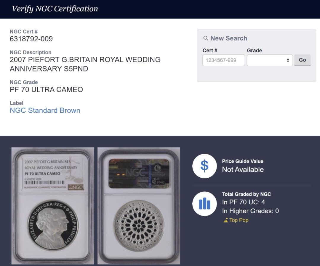 NGC【最高鑑定済】エリザベス女王結婚50周年記念PIEFORT PF70