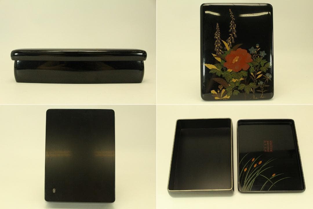 平安象彦造 草花蒔絵 光琳形 文庫 共箱 未使用(A632)