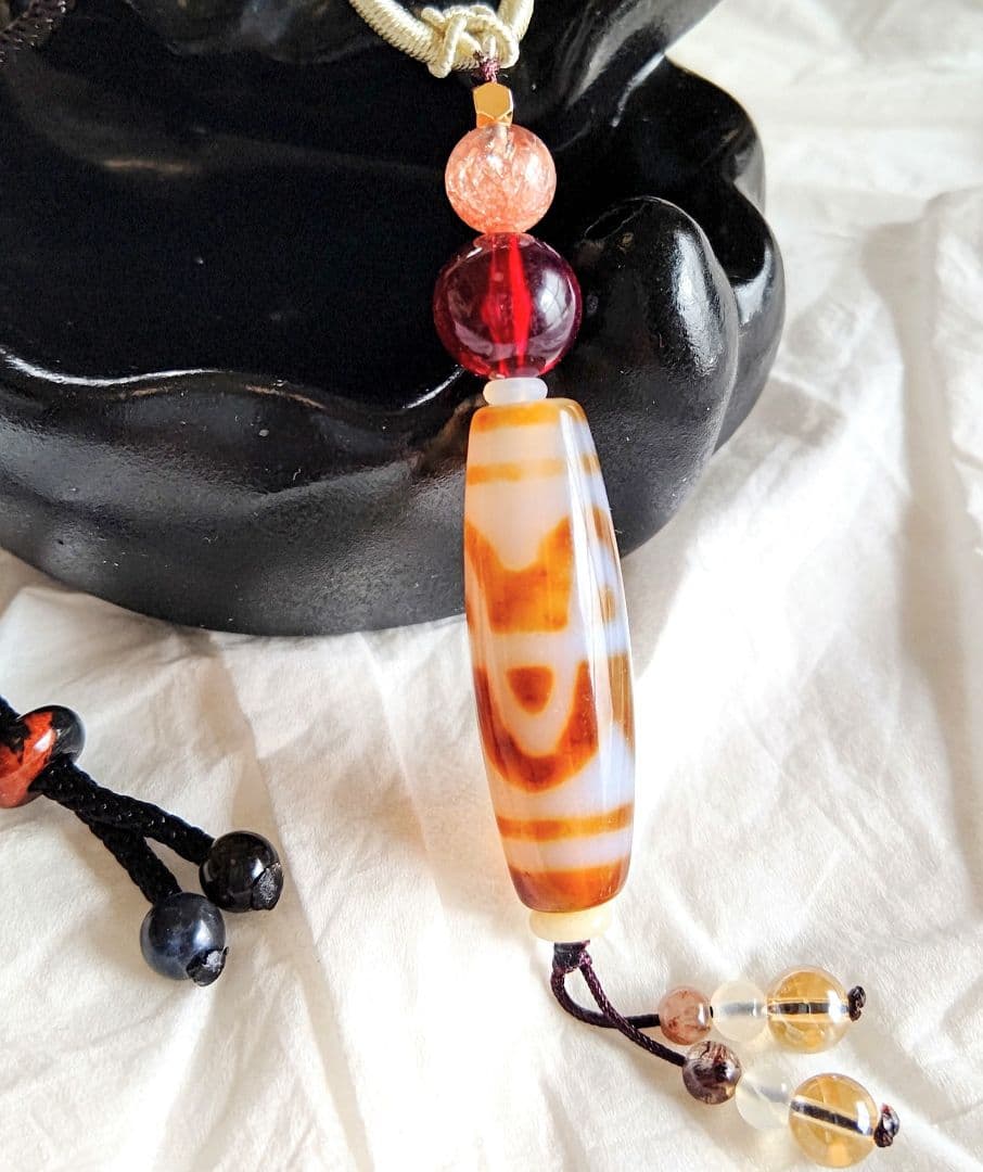 れん様◆天然石 御守りネックレス【六弁蓮花天珠】レア六吉祥 魔を断つ 好転 琥珀