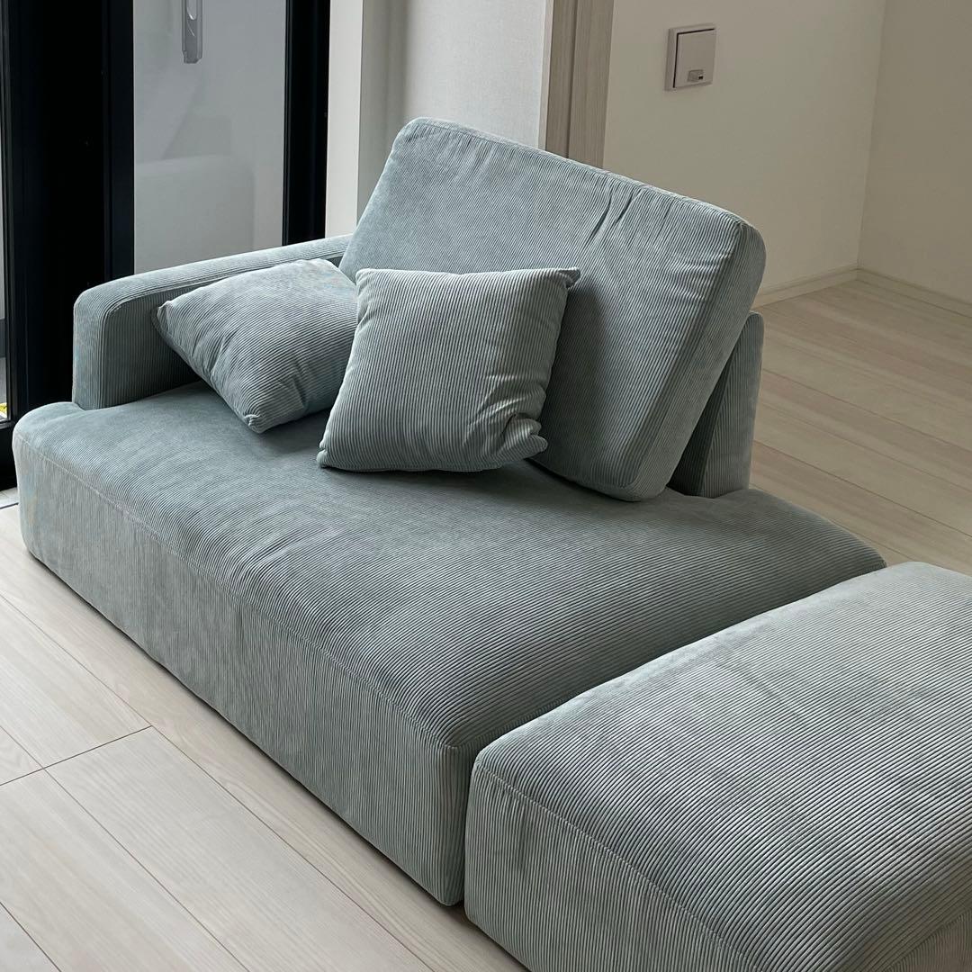 コーデュロイ　カウチソファ　2人掛け　ミントブルー