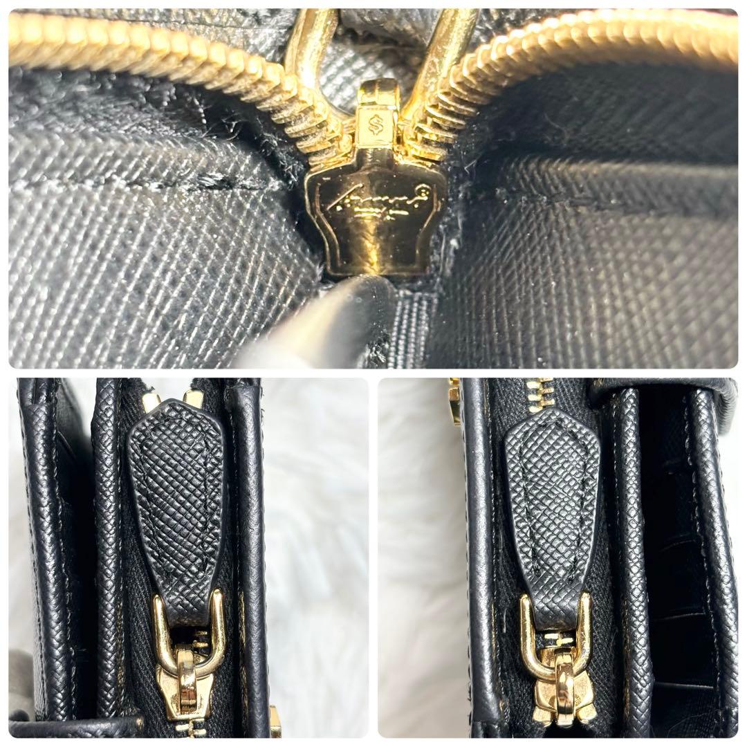 ✨美品✨ プラダ 二つ折り L字 サフィアーノ レザー ブラック 金具ロゴ 黒