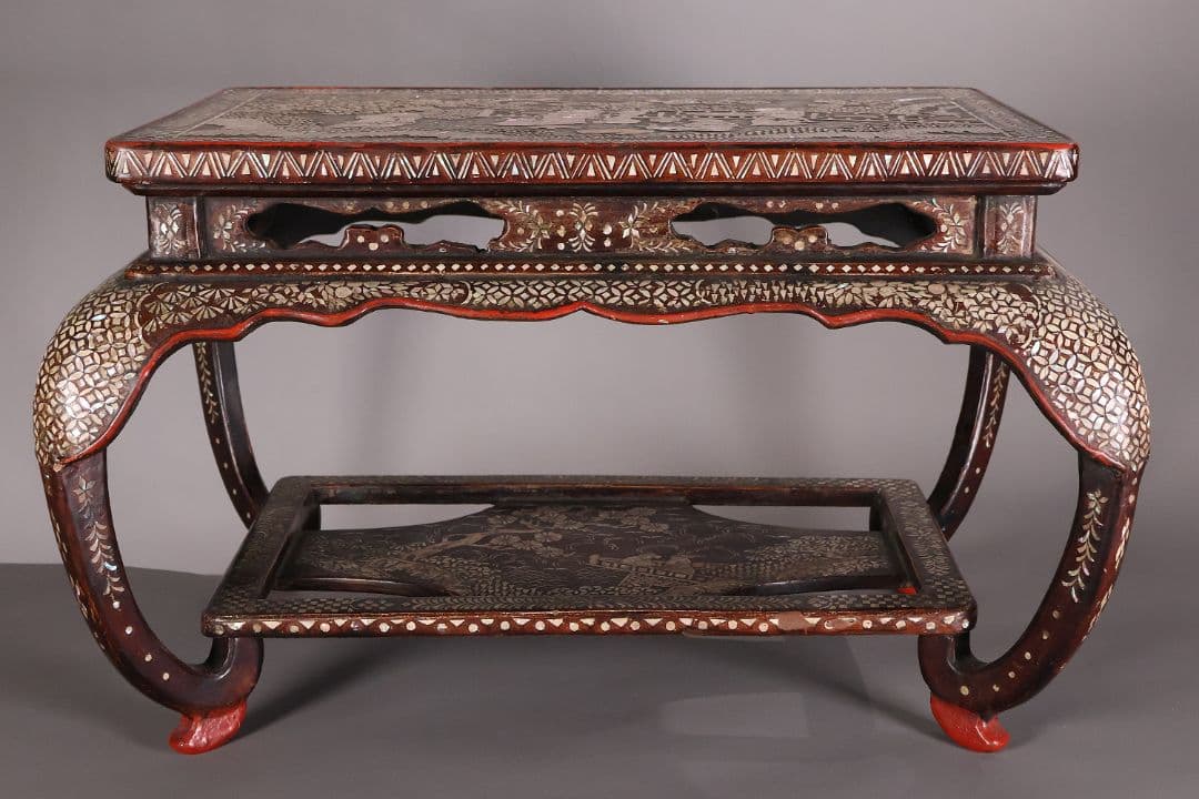 【MA732】時代 中国美術 人物文 螺鈿細工 二段卓 花台 木製 香炉台