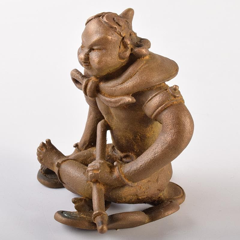 高岡銅器　二代　須賀松園造　蝋型鋳銅　「稚児雷神」　共布共箱　V　R7549