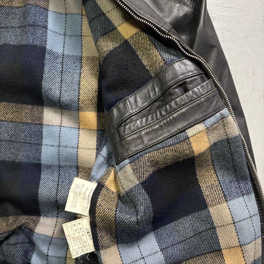 vintage レザージャケット　ブルゾン　本革オールレザー　チェック　短丈　M