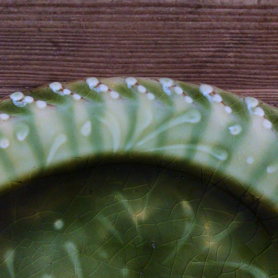 No4975 布志名焼　船木伸児　緑釉丸皿　共箱/栞付　島根県　民藝　送料無料