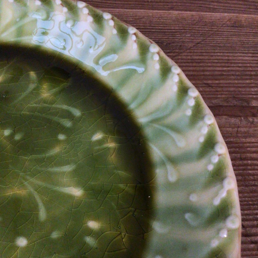 No4975 布志名焼　船木伸児　緑釉丸皿　共箱/栞付　島根県　民藝　送料無料