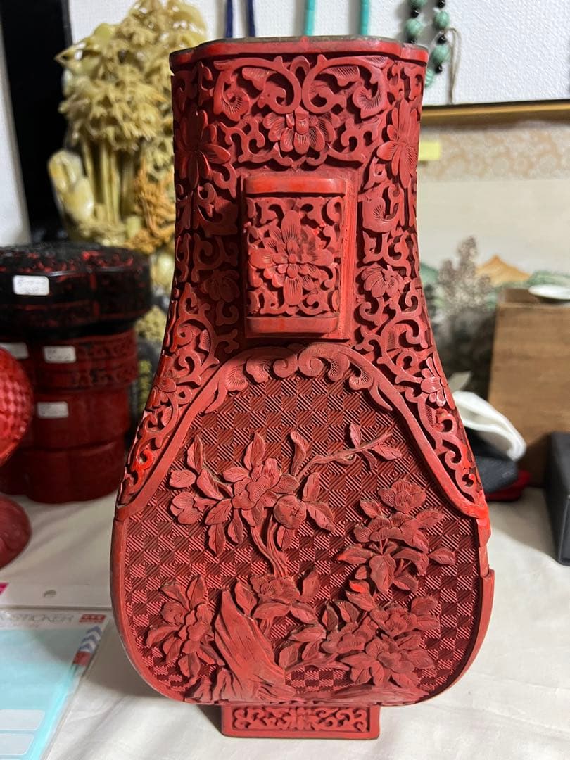 雕漆花瓶 堆朱 中国古美術