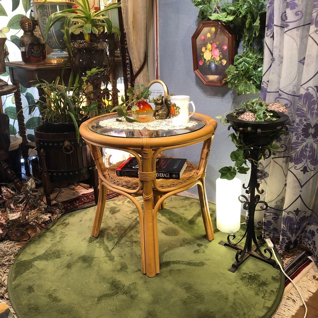 ナチュラル　籐ラタンフレーム サイドテーブル 丸テーブル