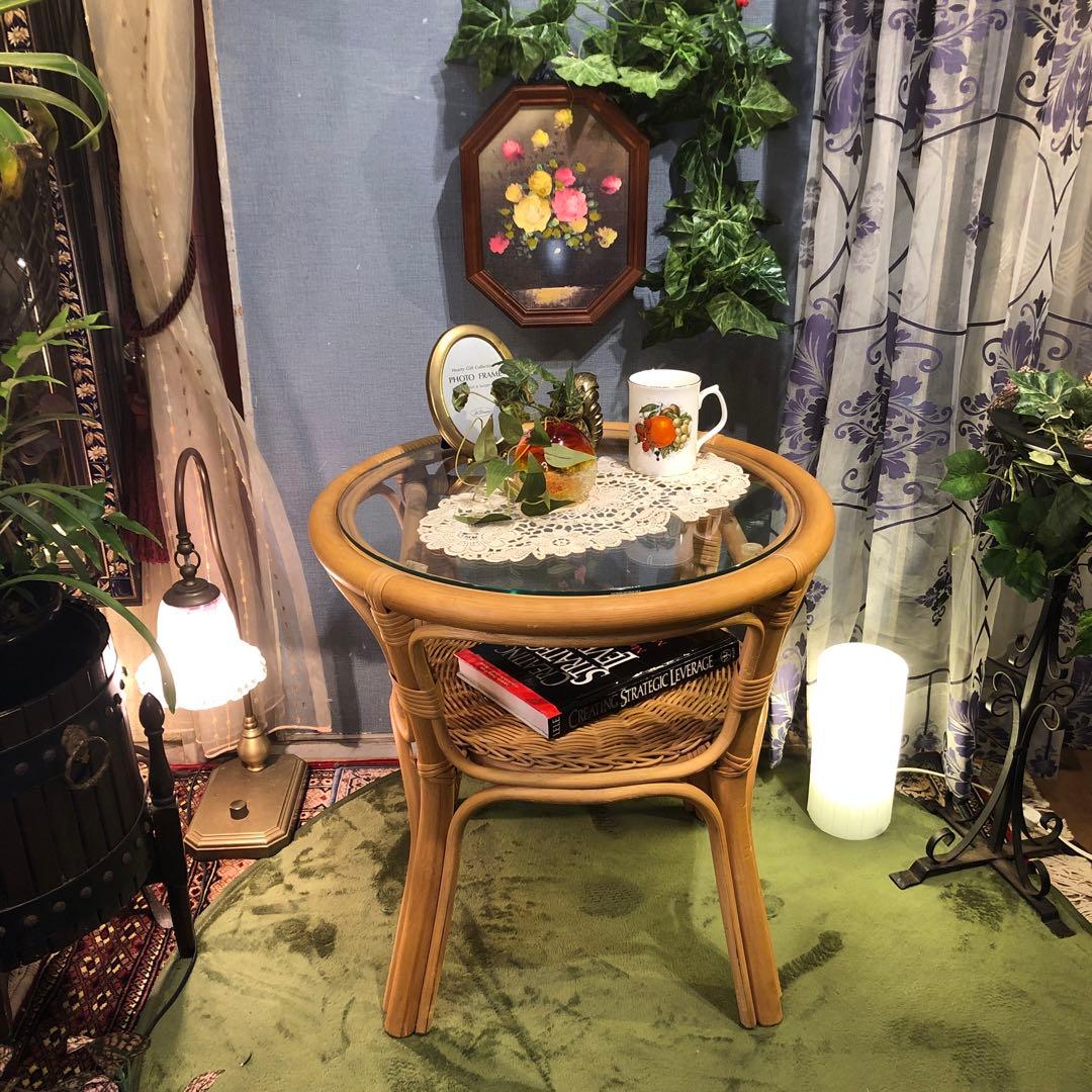 ナチュラル　籐ラタンフレーム サイドテーブル 丸テーブル