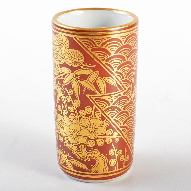 煎茶道具　三浦竹軒作　赤絵金彩　松竹梅文　巾筒　共布共箱　V　R5625