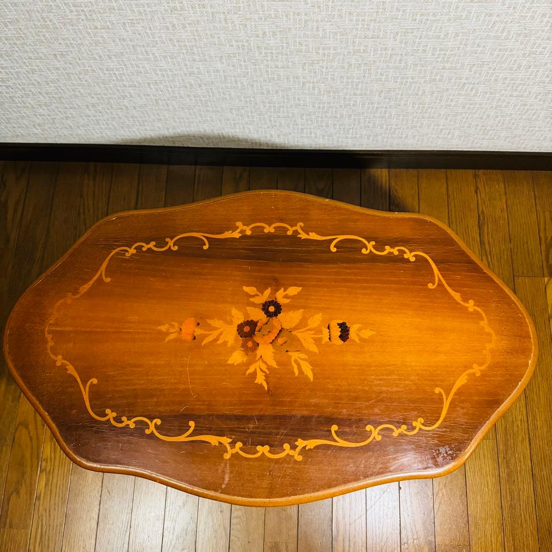 サイドテーブル　コーヒーテーブル　象嵌　イタリアアンティーク　猫脚