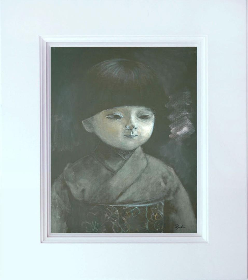 油絵 菅家令子 絵 絵画インテリア額付(白) F6-080118 市松日本人形