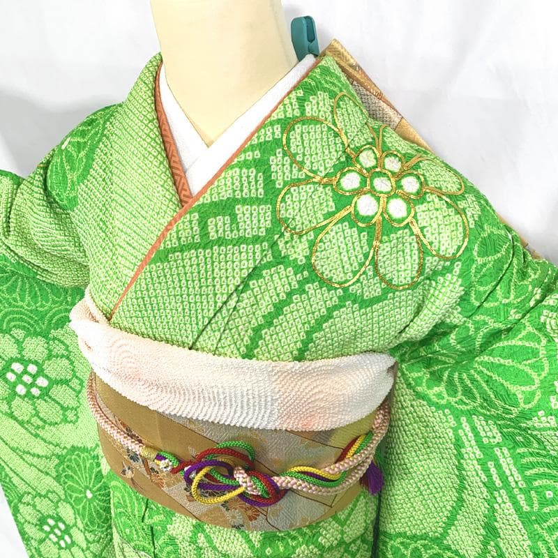 411aj49〇総絞り ジュニア振袖＆袋帯 金駒刺繍 銀駒刺繍 十三参り〇美品