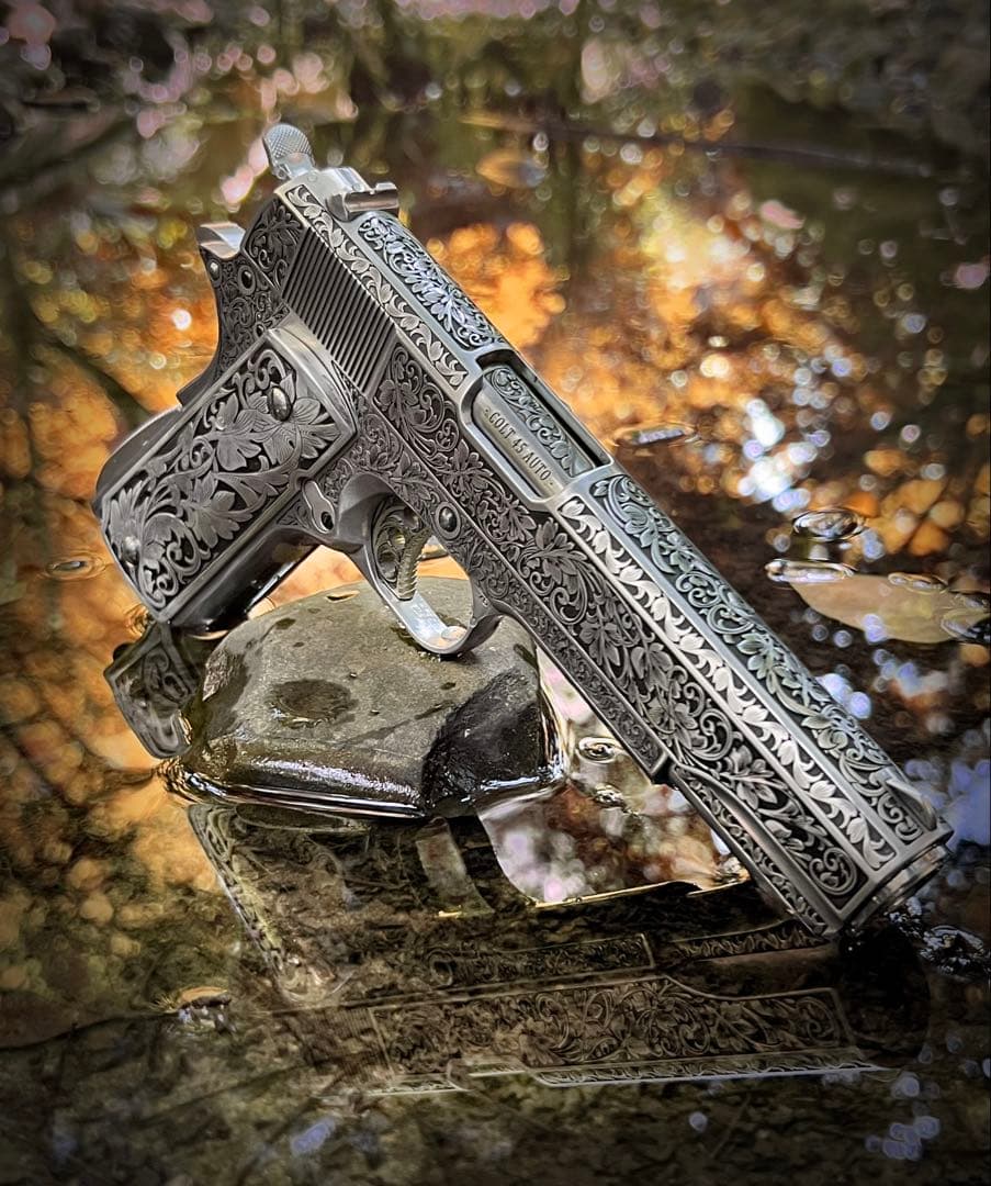 1911タイプ対応 グリップ周辺 装飾パーツ ステンレス製 巻草彫刻 工芸仕上げ