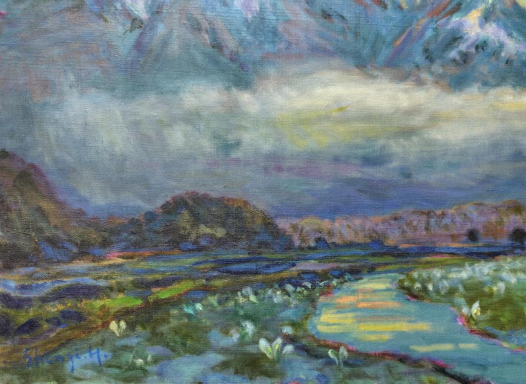 P15「尾瀬ヶ原（朝）」1992 油絵 油彩画 絵画 アート 風景画 至仏山