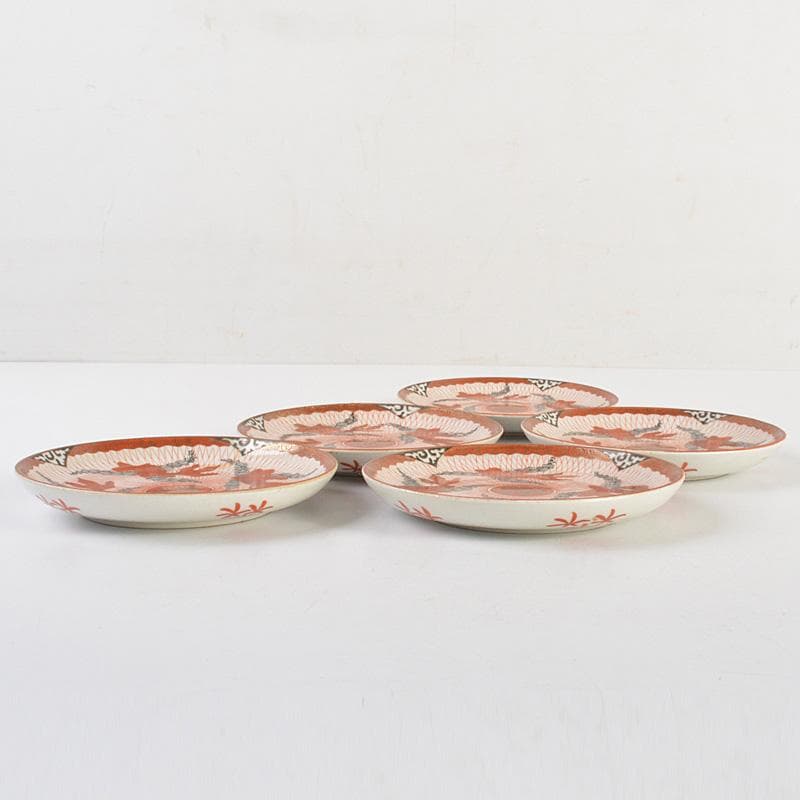 りんぞう　赤絵八郎手　金魚文　手塩皿　小皿　五客　時代箱　D　R7514