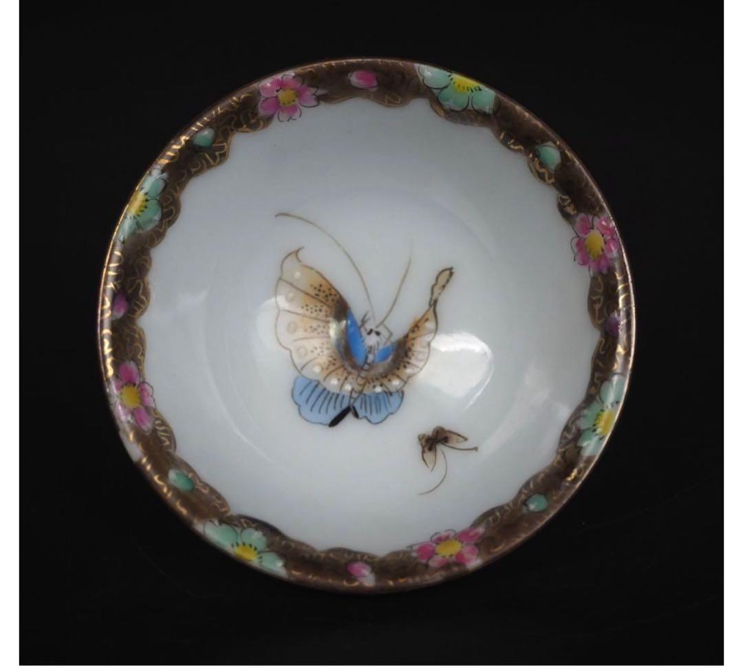 送料無料　京焼 大日本永楽製　蝶々紋色絵煎茶碗５客　茶道具 煎茶道具