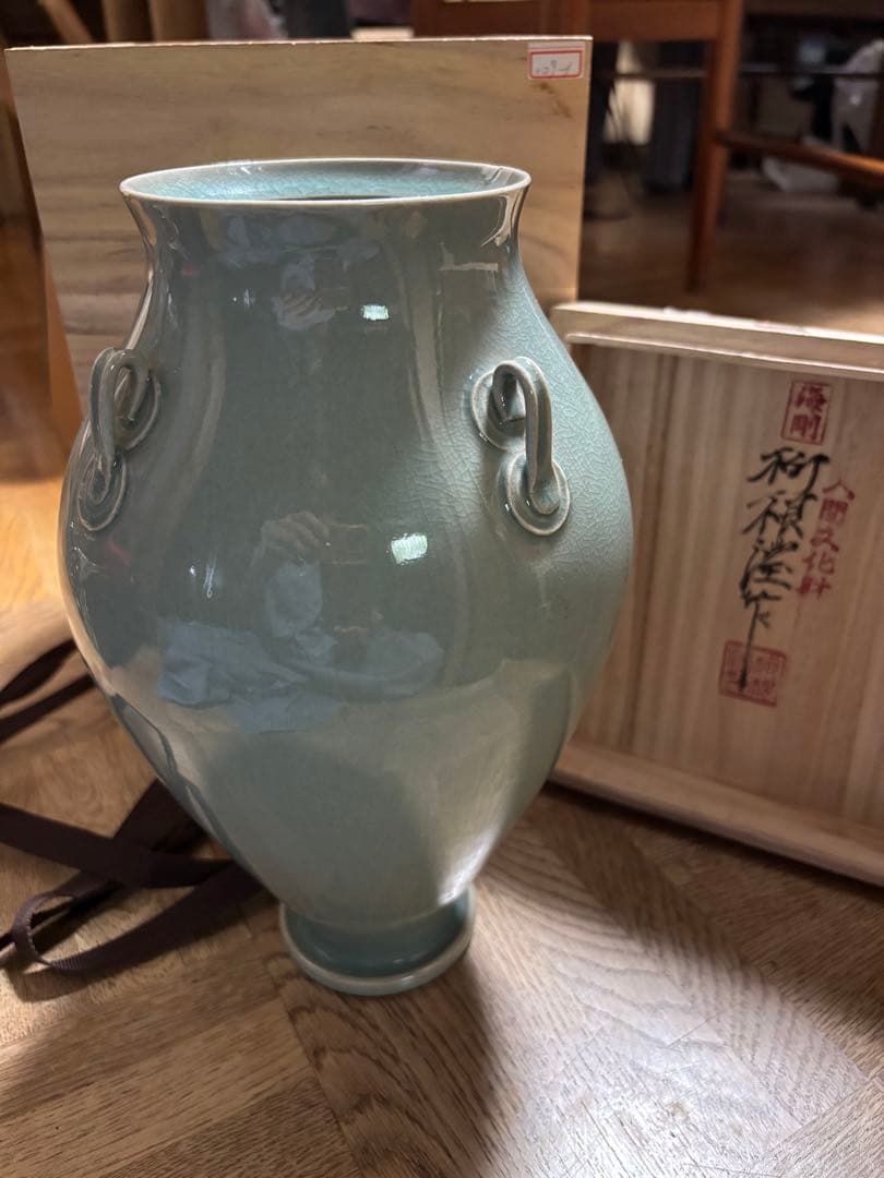 人間文化財　海剛　柳根瀅 青磁 花瓶 陶器製 インテリア　木箱付き