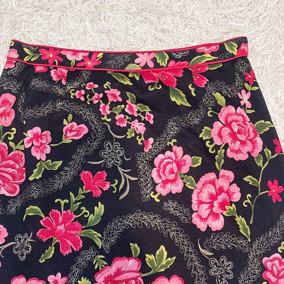 未使用級✨レオナール ウール シルク スカート トリム 花柄 黒 レディース