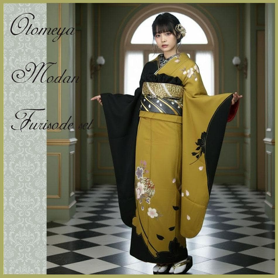 桜尽くし モダン マスタード　西陣じゅらく袋帯　振袖フルセット　ｍ18 成人式