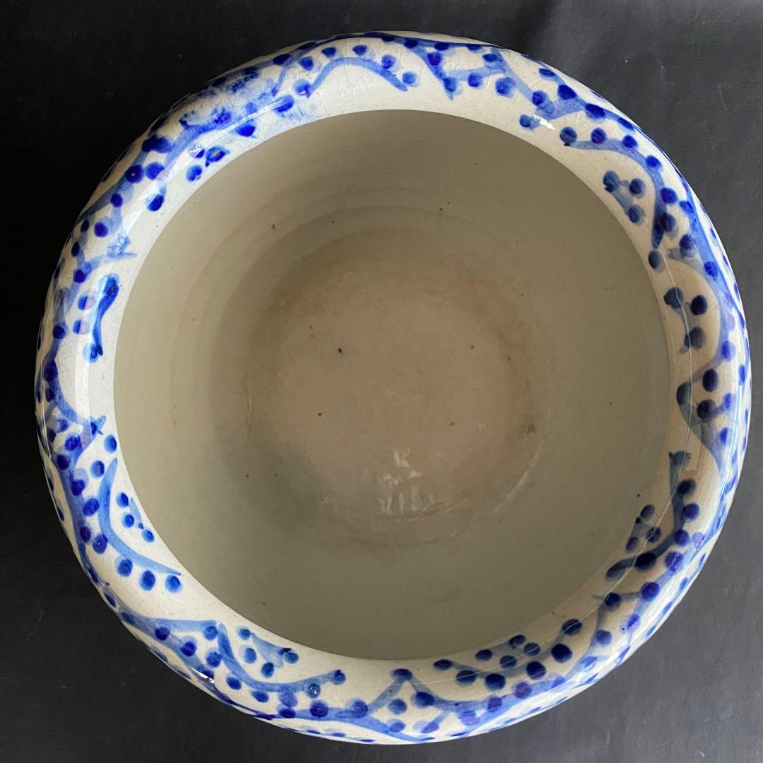 信楽焼 壷久郎作 染付蛸唐草　メダカ鉢 睡蓮鉢 水鉢 直径24cm