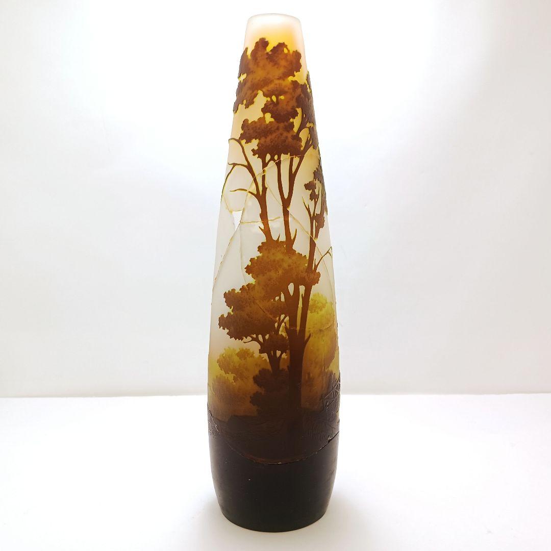 S189-2 エミールガレ 多層ガラス 湖畔文 花瓶 一輪挿し 難あり　HHH