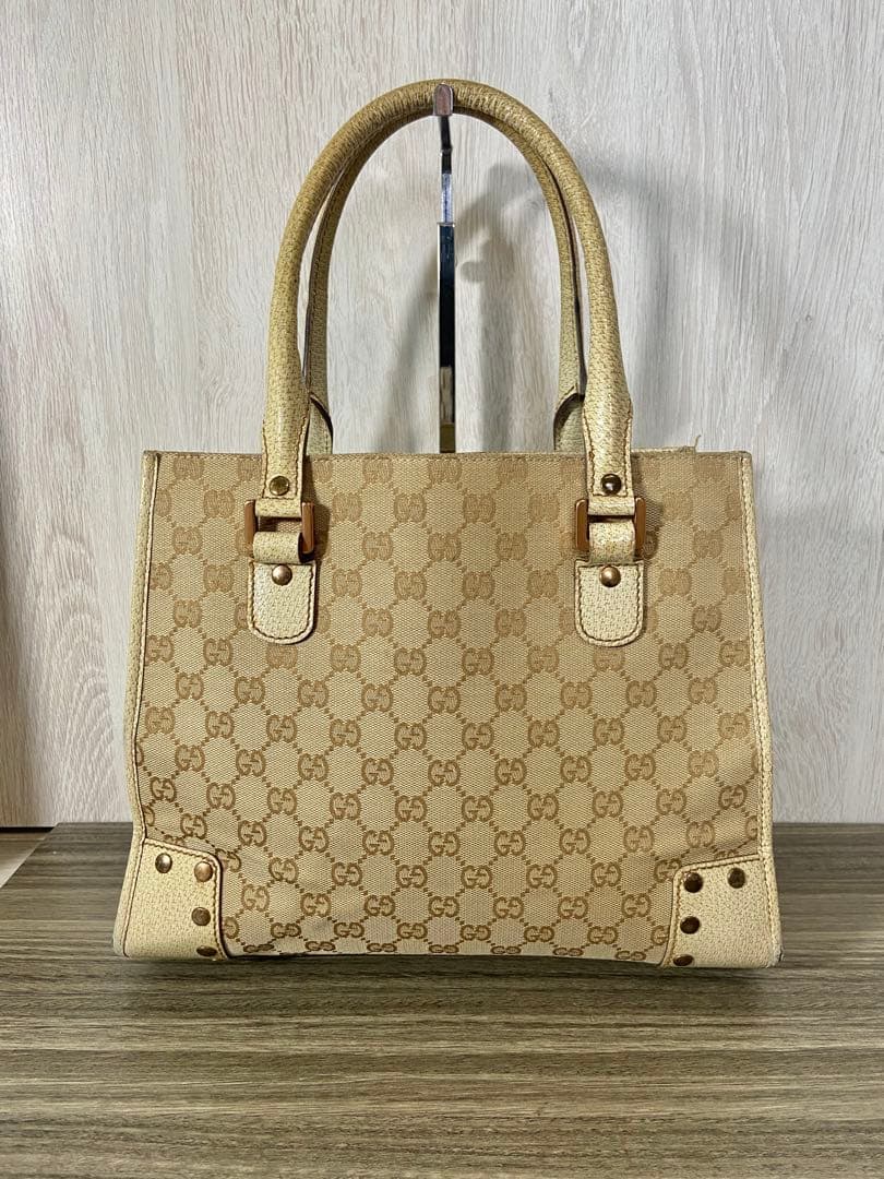 GUCCI ハンドバッグ　GG柄　キャンバス　レザー　ベージュ　スタッズ