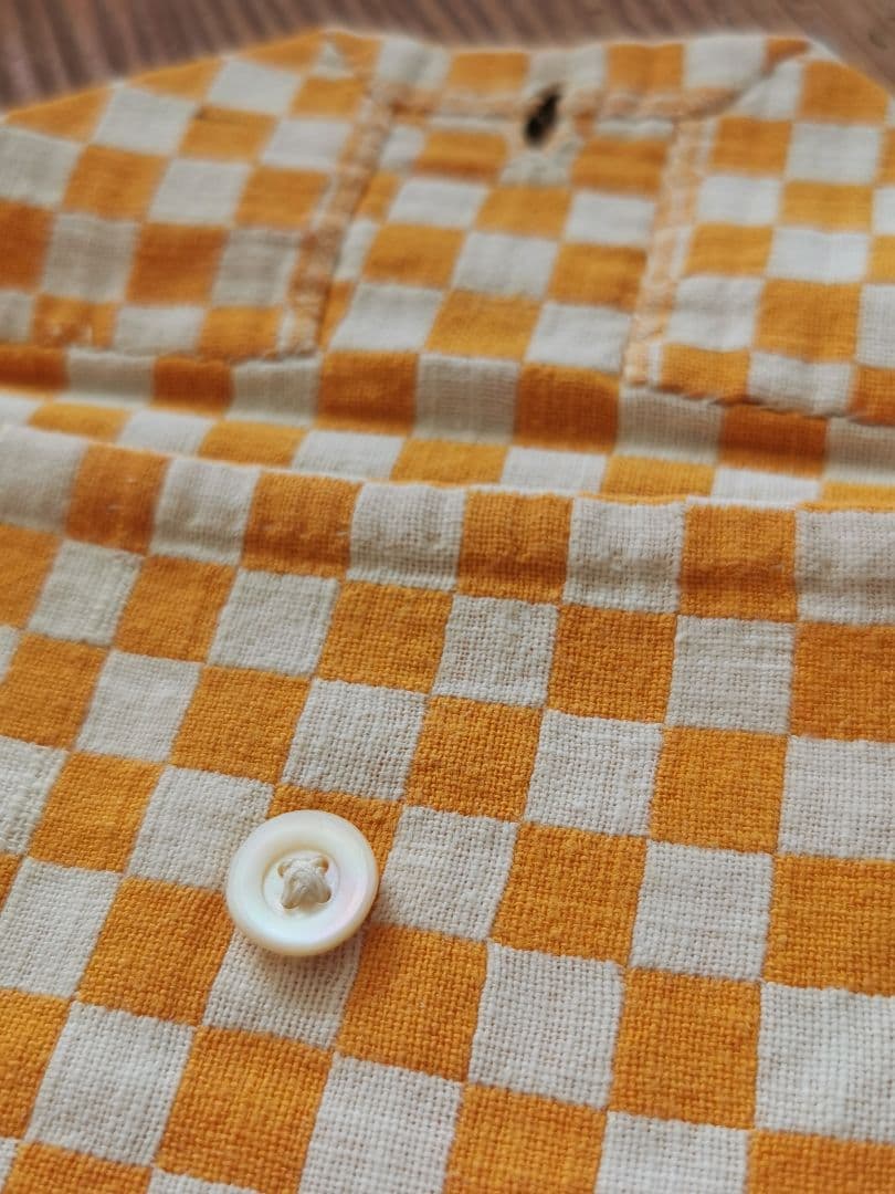 アンティークフランス イエロー＆アイボリー 市松模様織ケース 真珠色シェルボタン