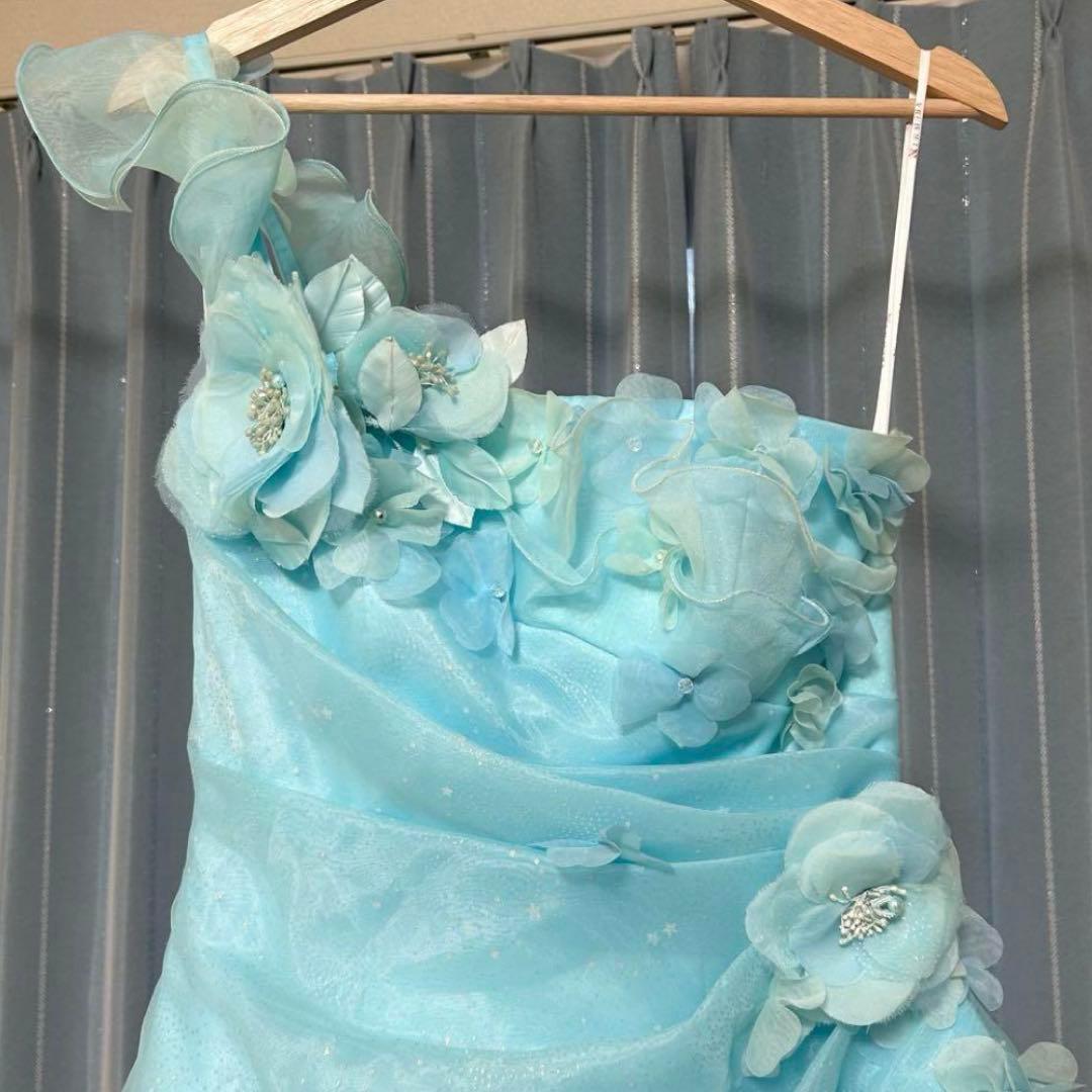 カラードレス 水色 ワンショルダー ストール・パニエ付 ウェディング 結婚式