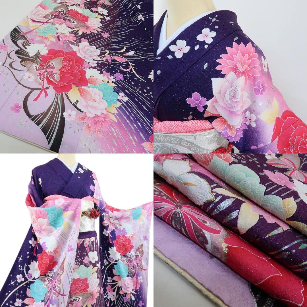 ヒロりん✺美品 正絹 銀通し 刺繍 蝶 薔薇 トール振袖 着物 A1744