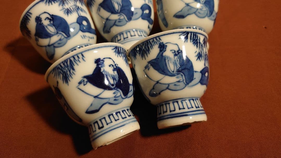 煎茶碗　竹泉　古染付　アンティーク煎茶碗　茶道具　蔵出し　５客