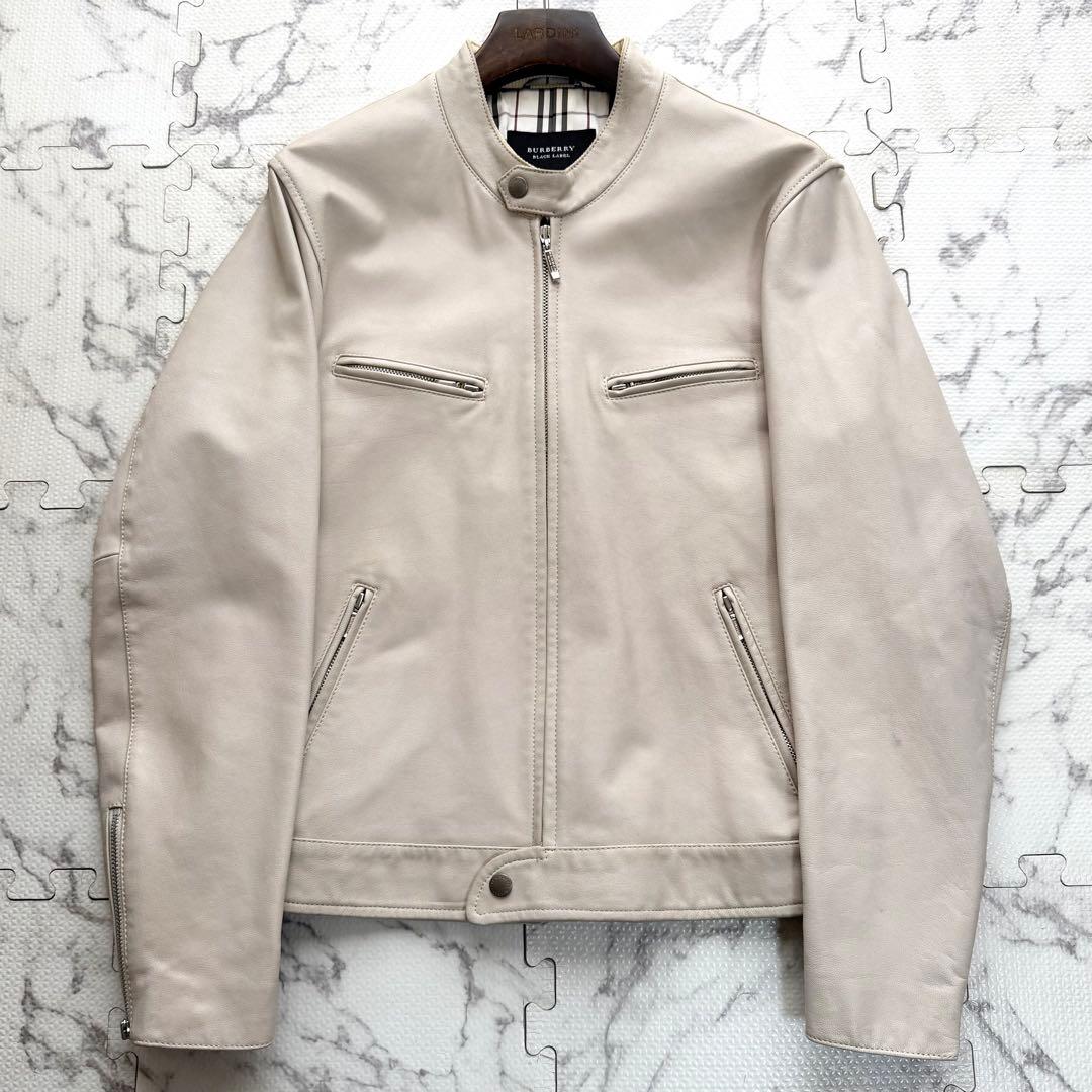 バーバリーブラックレーベル ノバチェック ライダースジャケット 羊革 アイボリー