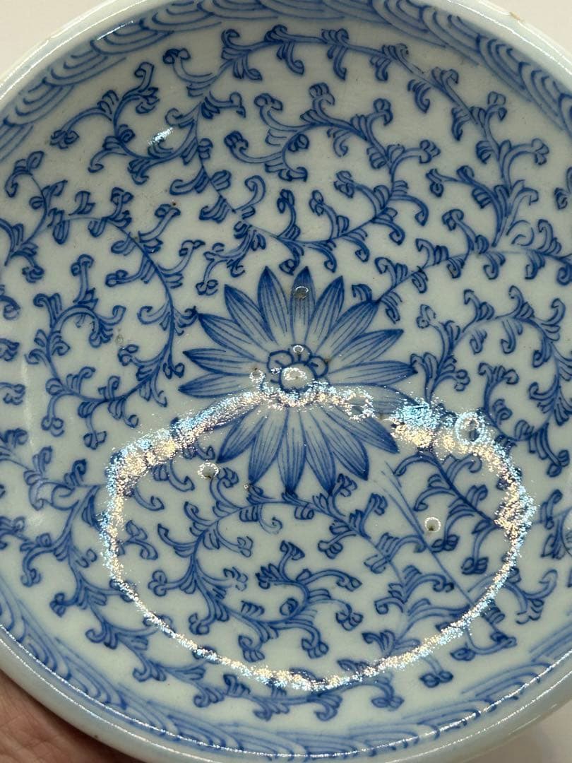 中国　清時代　染付蓮紋高台皿　アンティーク　送料込み0925