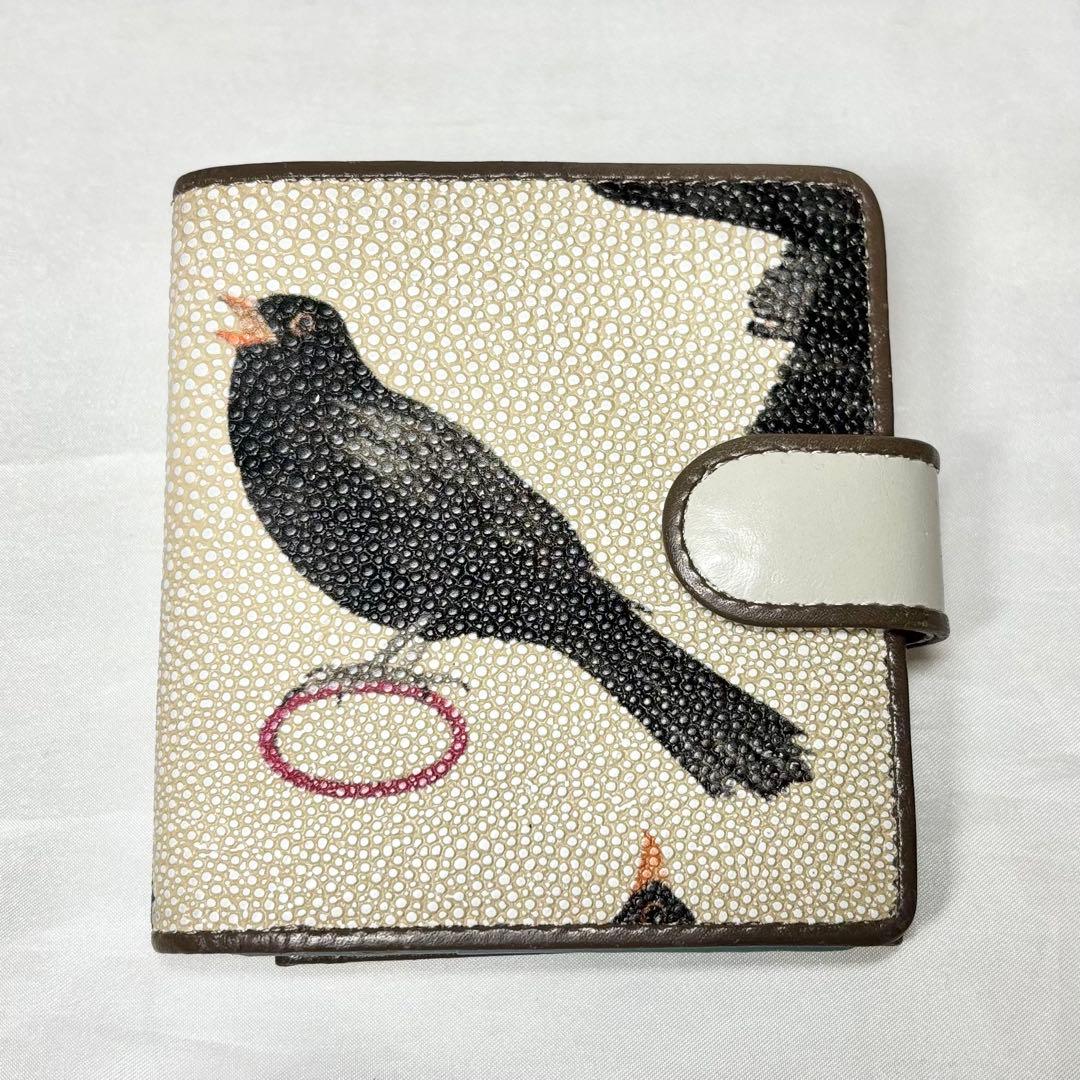 【美品】　ヒロコハヤシ　メルロ　薄型二つ折り財布　鳥　バード　ベージュ　人気