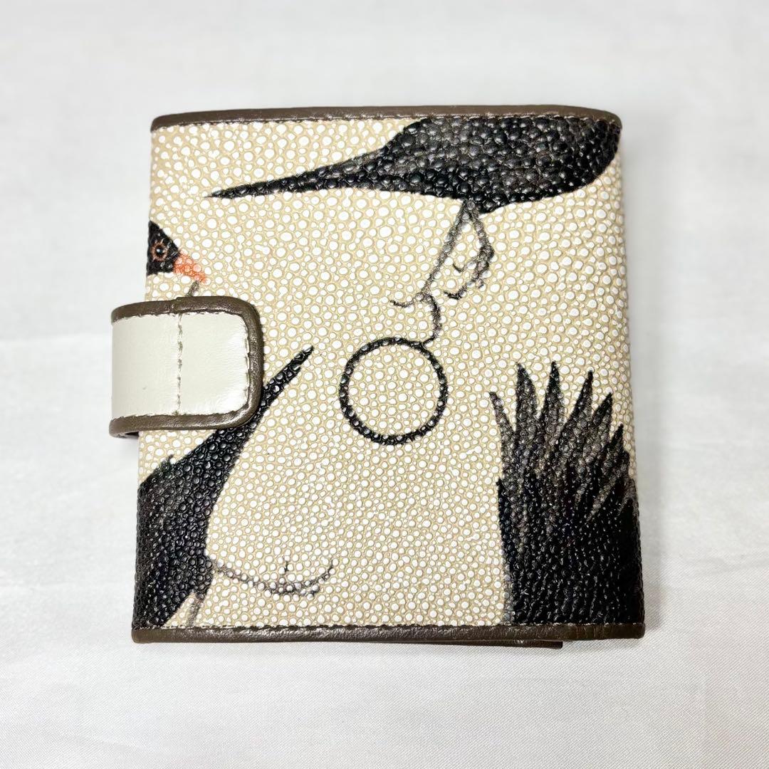 【美品】　ヒロコハヤシ　メルロ　薄型二つ折り財布　鳥　バード　ベージュ　人気