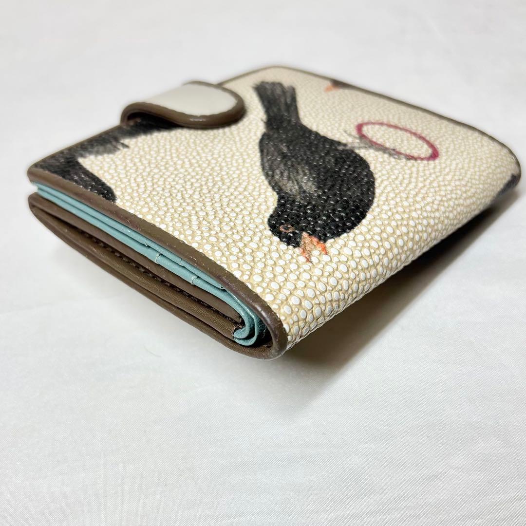 【美品】　ヒロコハヤシ　メルロ　薄型二つ折り財布　鳥　バード　ベージュ　人気