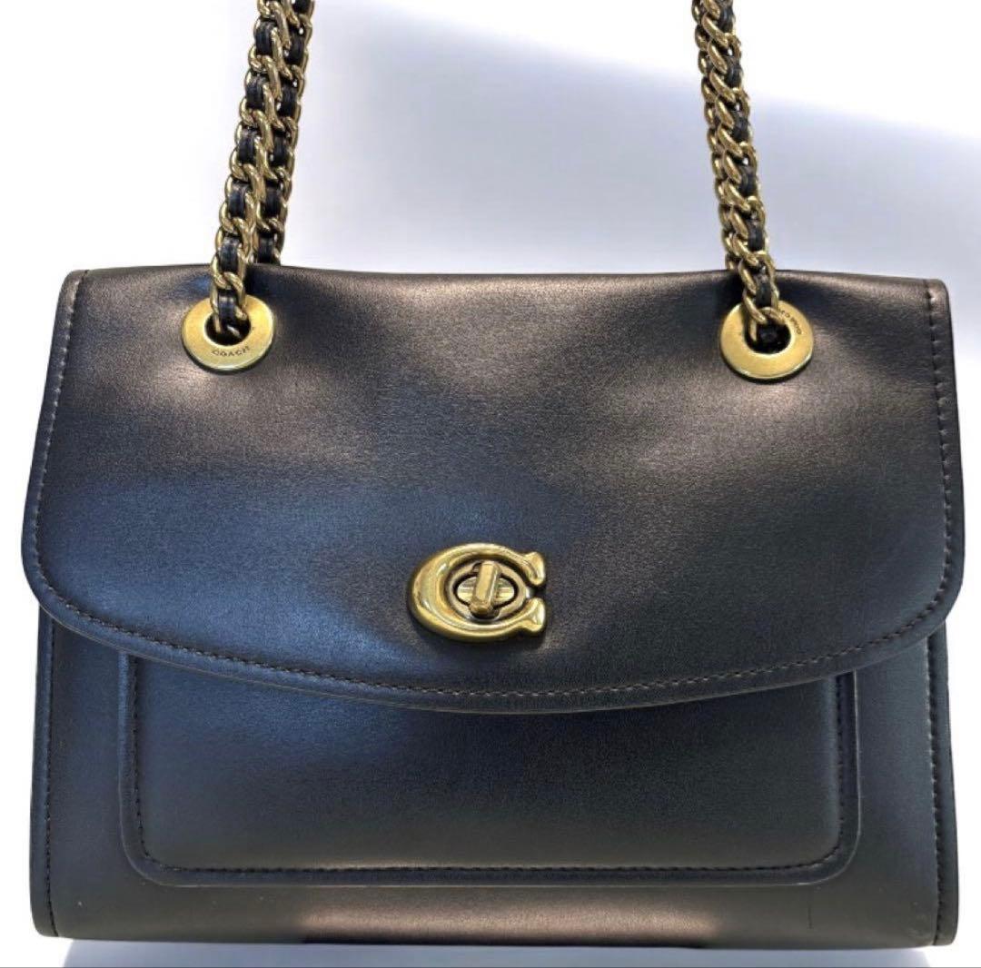 良品 コーチ ショルダーバッグ ターンロック レザー ブラック レディース