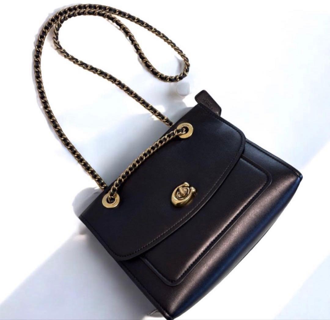 良品 コーチ ショルダーバッグ ターンロック レザー ブラック レディース