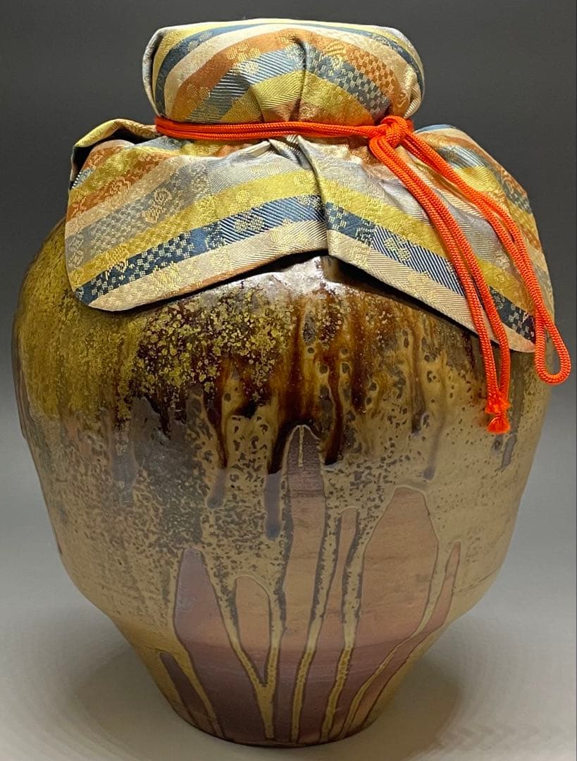 石田陶春　丹波 茶壺　飴釉　飾壺　茶道具　共箱　栞等　LW573