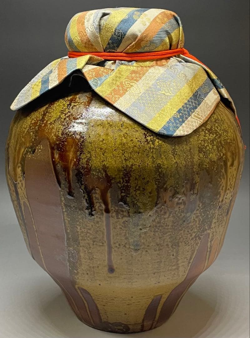 石田陶春　丹波 茶壺　飴釉　飾壺　茶道具　共箱　栞等　LW573