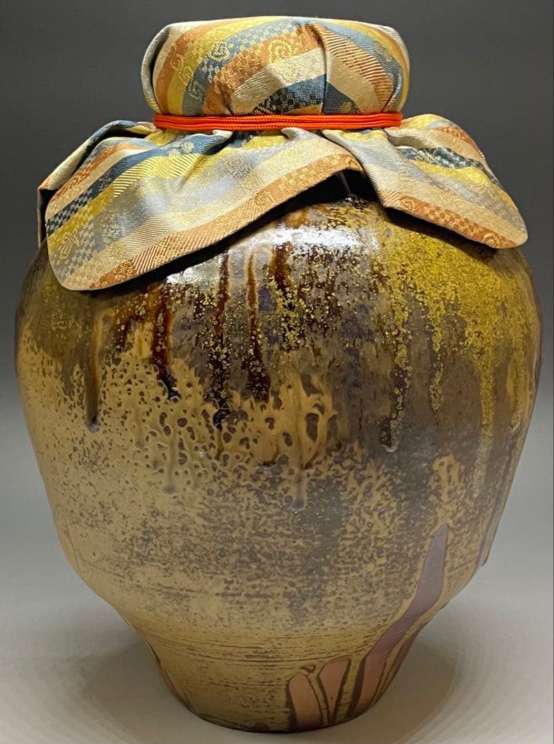 石田陶春　丹波 茶壺　飴釉　飾壺　茶道具　共箱　栞等　LW573